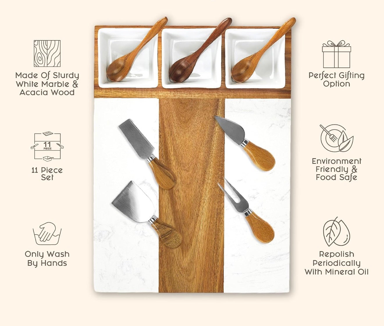 Heirloom Engraved Marble and Acacia Wood Charcuterie Board Set