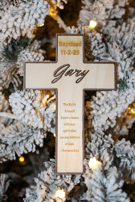 Personalized Wooden Scripture Cross – Custom Name, Date & Verse (Birch and Walnut)