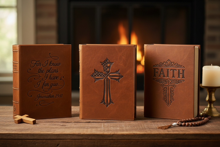 SHow 3 or 4 custom engraved, brown leather bibles with bible verse on 1 and a cross with an american flag on a nother and the FAITH cross on one etc.. soft and warm on a wooden table and surrounded by other faithful items, low key on the other items