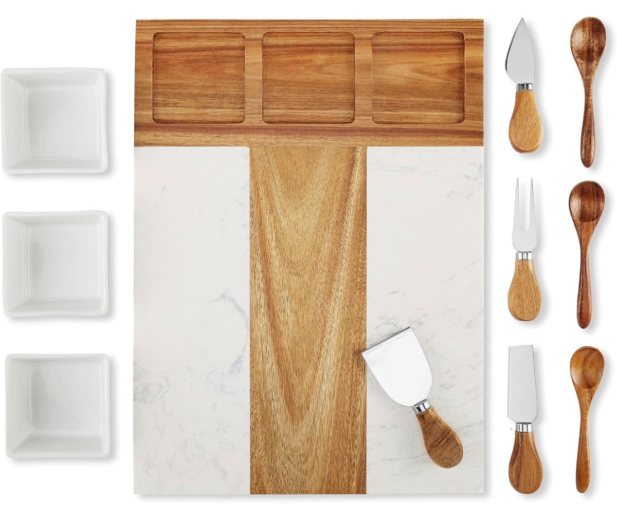 Heirloom Engraved Marble and Acacia Wood Charcuterie Board Set
