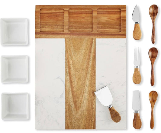 Heirloom Engraved Marble and Acacia Wood Charcuterie Board Set
