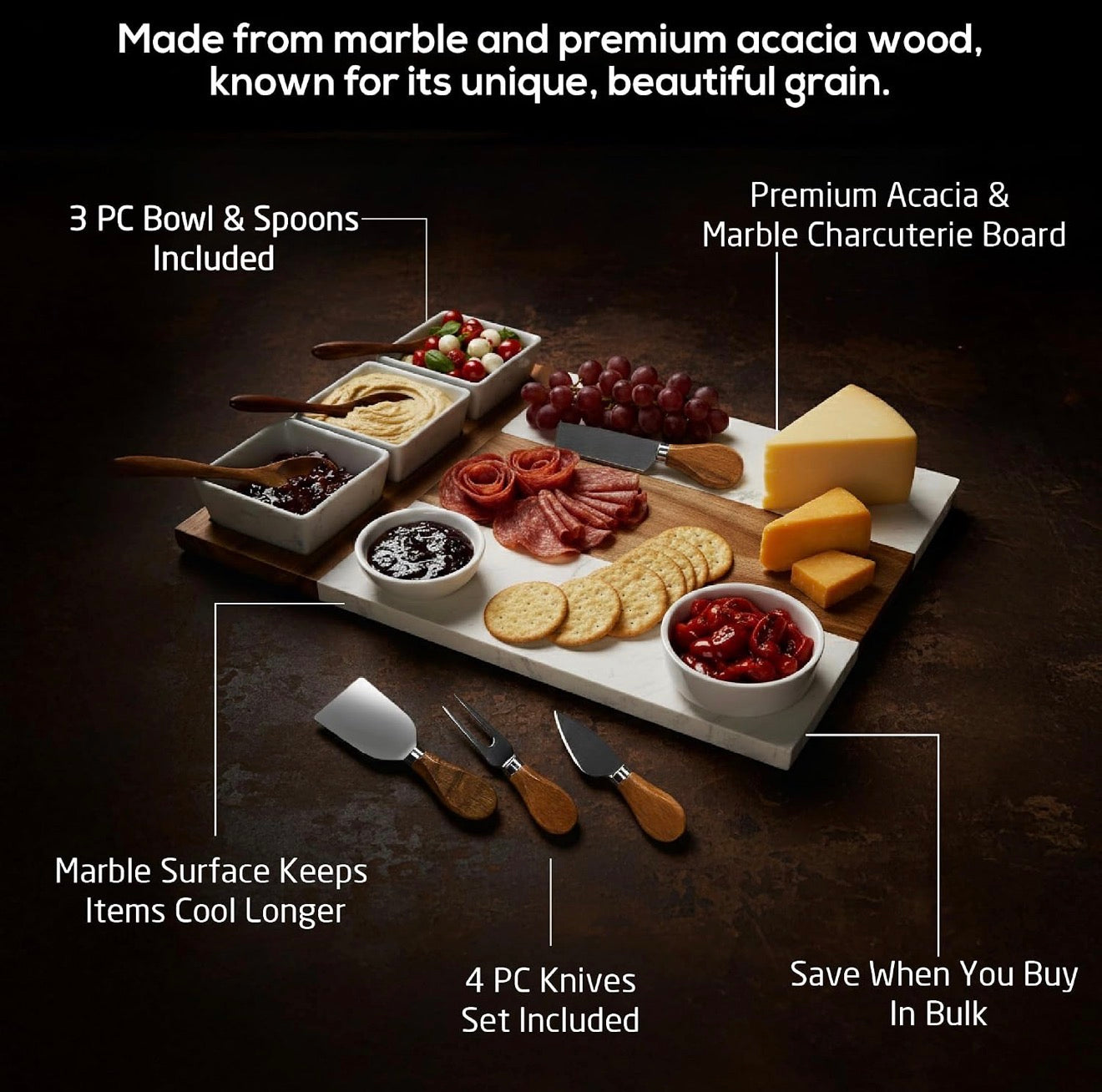 Heirloom Engraved Marble and Acacia Wood Charcuterie Board Set