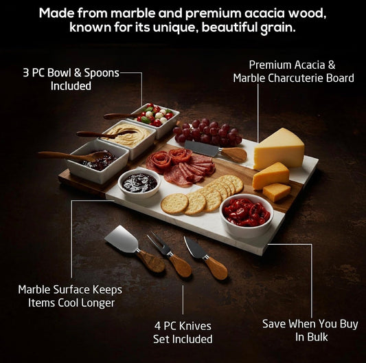 Heirloom Engraved Marble and Acacia Wood Charcuterie Board Set