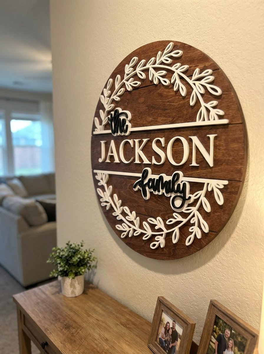 16” Personalized Family Name Round Wood Sign