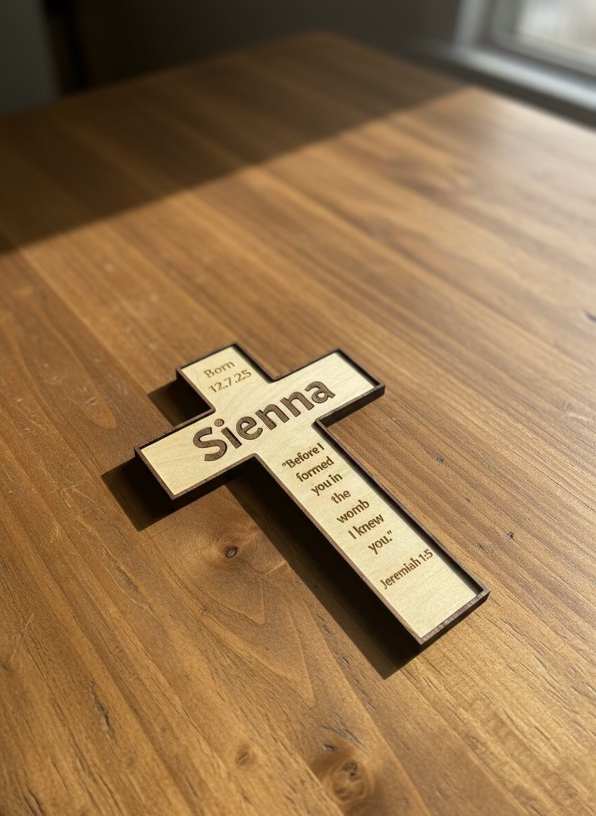 Personalized Wooden Scripture Cross – Custom Name, Date & Verse (Birch and Walnut)
