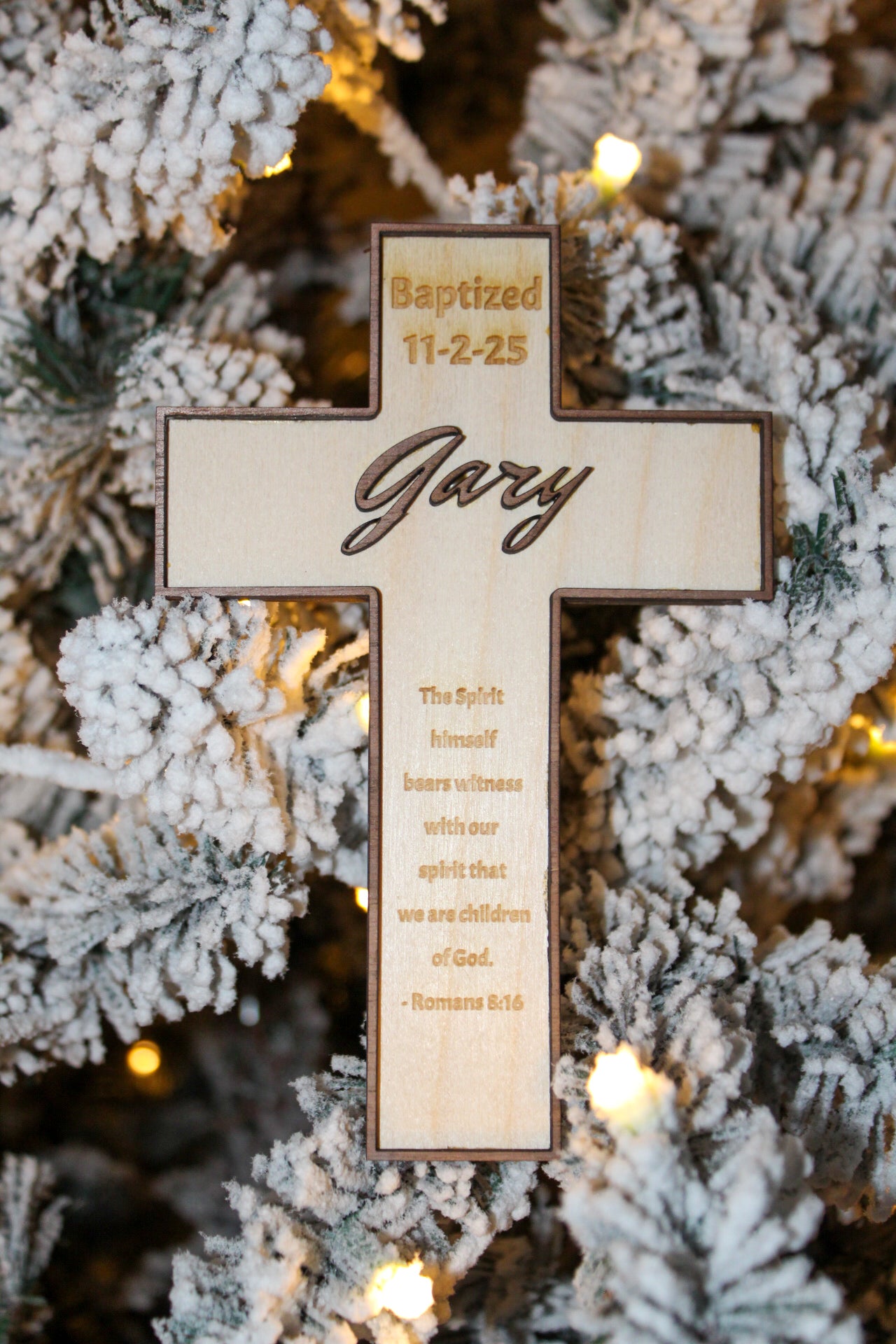 Personalized Wooden Scripture Cross – Custom Name, Date & Bible Verse (Birch and Walnut)