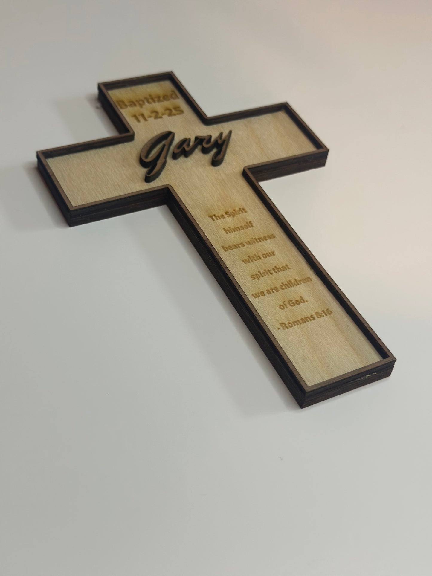 Personalized Wooden Scripture Cross – Custom Name, Date & Verse (Birch and Walnut)