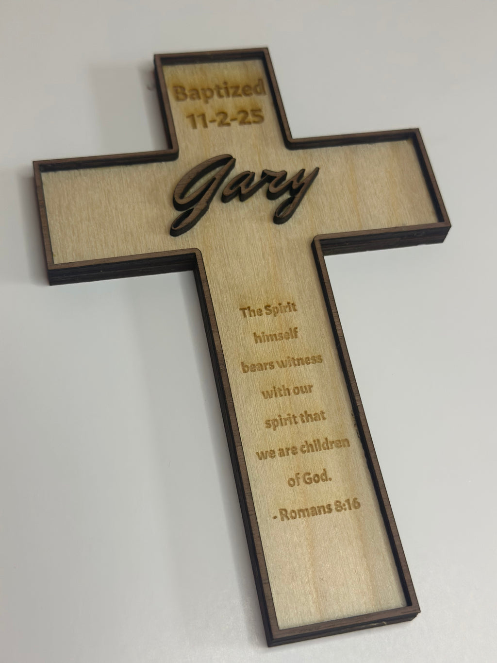 Personalized Wooden Scripture Cross – Custom Name, Date & Bible Verse (Birch and Walnut)