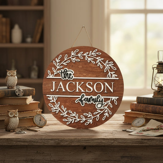 16” Personalized Family Name Round Wood Sign