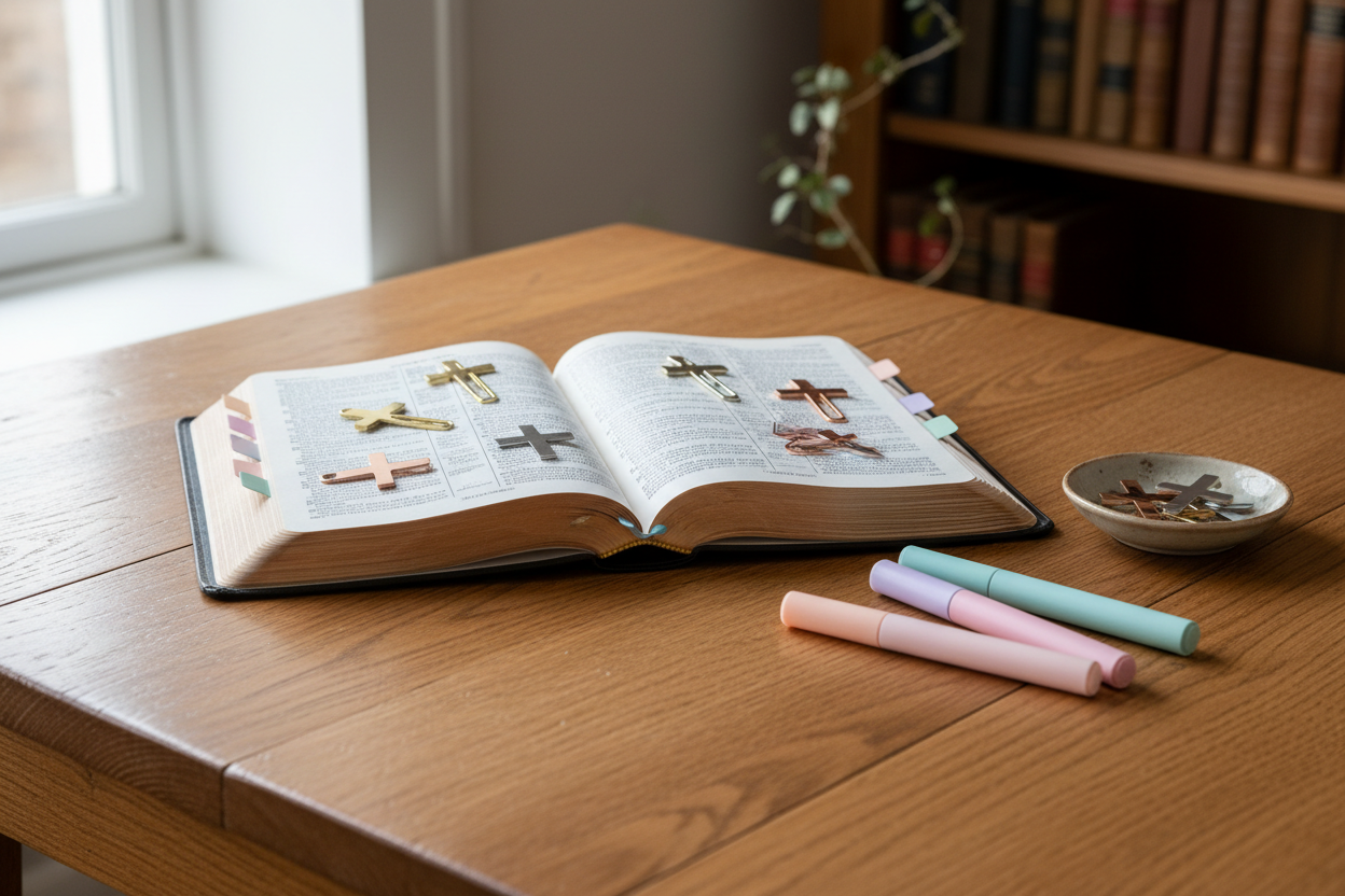 A little more refined with cross shaped paperclip book marks, pastel colored highlighters and professional bible tabs on the on the bible