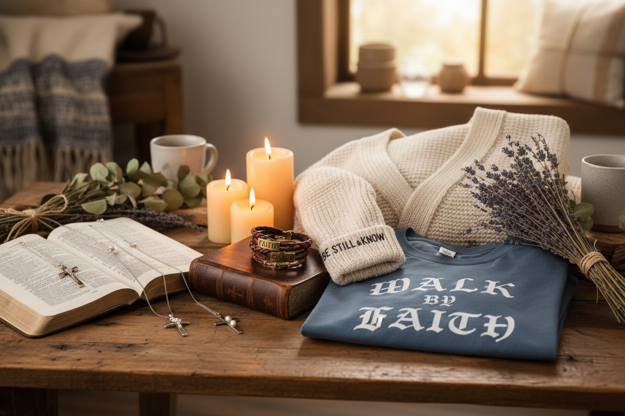 Faith inspired gifys like apparel and jewlery for women in a warm setting consistent with our image