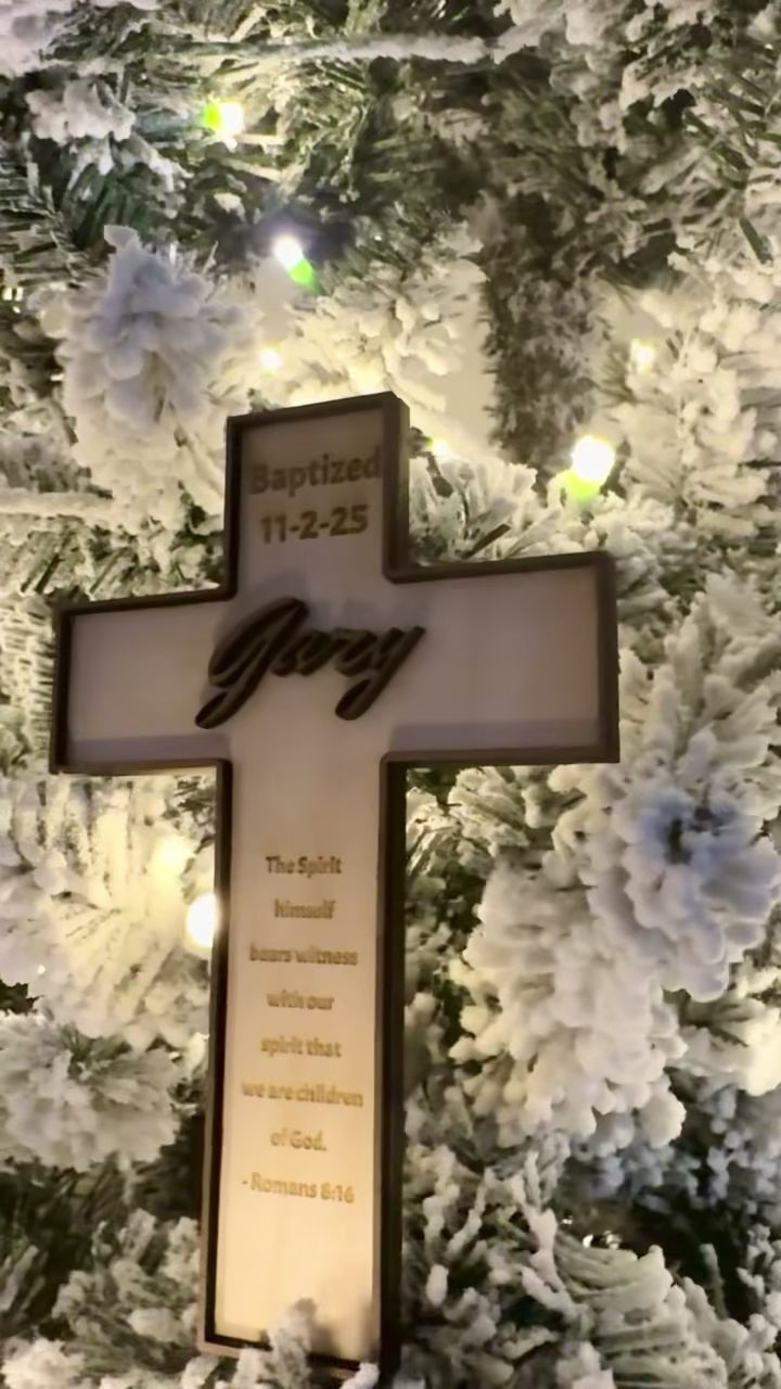 Personalized Wooden Scripture Cross – Custom Name, Date & Bible Verse (Birch and Walnut)