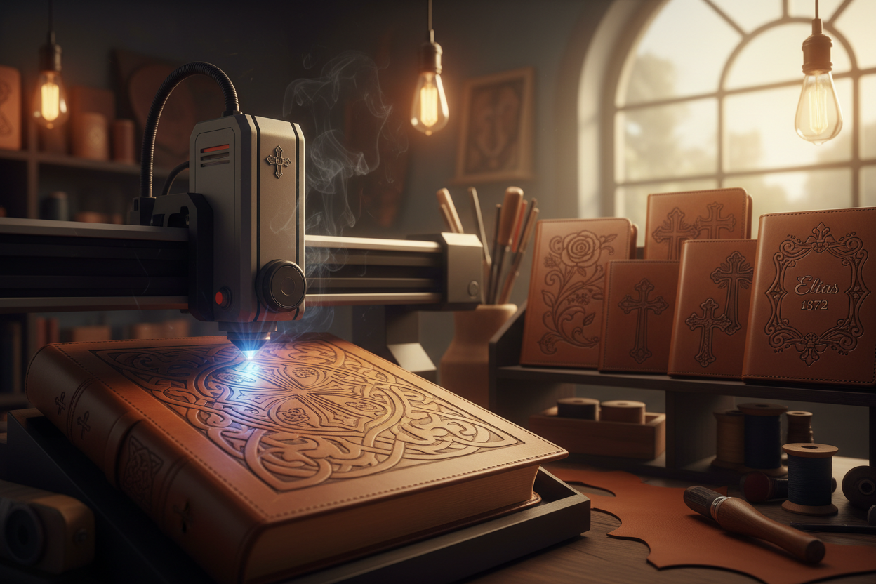 We engrave bible covers using a laser engraver and this section is to let people know that new designs are added weekly. Give me a good image to show that